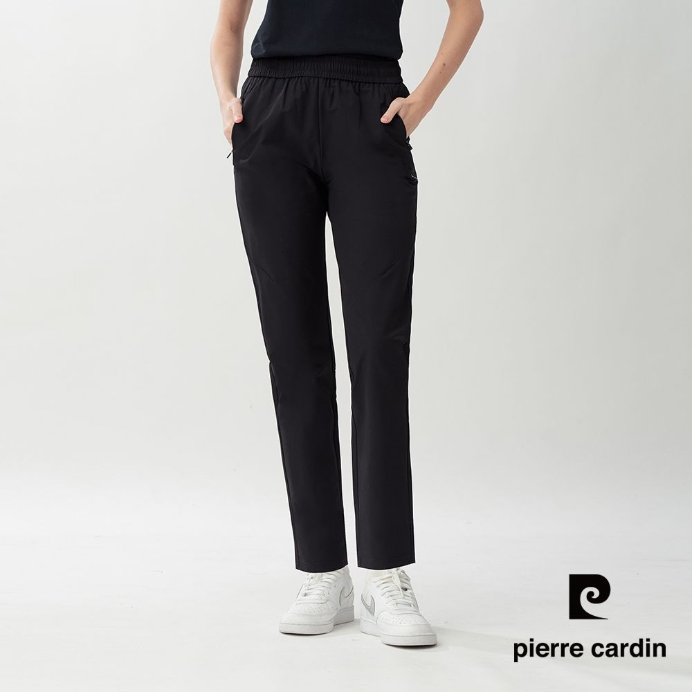 pierre cardin 皮爾卡登 男女款 防潑水輕薄機能彈力休閒長褲(多色任選) (女款-黑色)