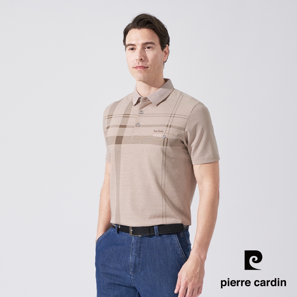 pierre cardin 皮爾卡登 男款 胸前大定位格印花短袖POLO衫-卡其色(5247260-84)