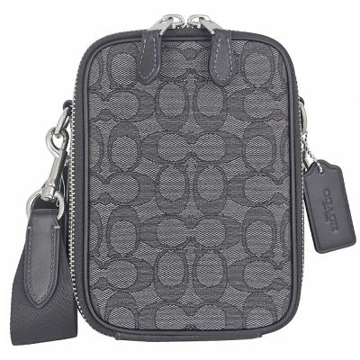 COACH 灰黑色緹花布皮邊雙拉小方形斜背包
