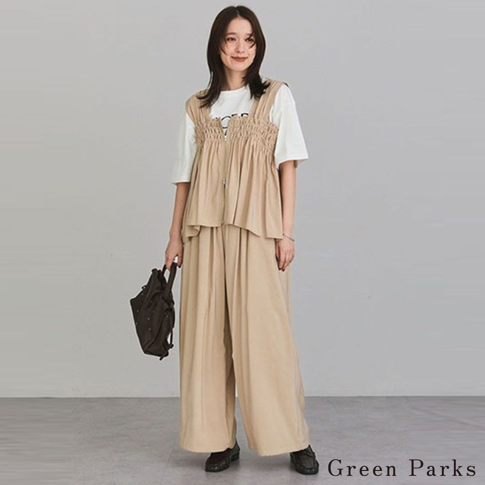 〔Green Parks〕【SET ITEM】褶皺拼接拉鍊背心上衣+素面寬褲