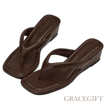 【Grace Gift】韓系微增高楔型人字拖鞋 咖
