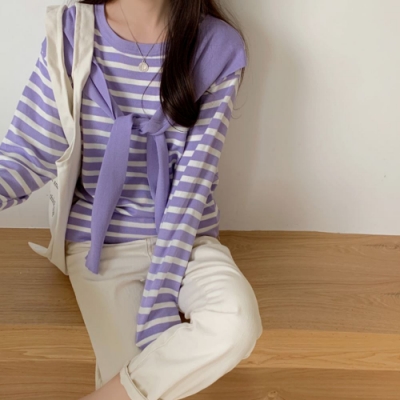 La Belleza披肩綁結領巾拼接配色橫條紋長袖針織上衣