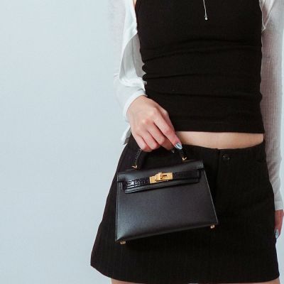 Hermes 愛馬仕 Mini Kelly 2代 鱷魚皮拚Epsom牛皮手提斜背包(黑/金釦)
