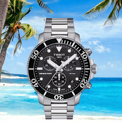 TISSOT 天梭 官方授權 Seastar 海星300米潛水石英錶-黑鋼-T1204171105100