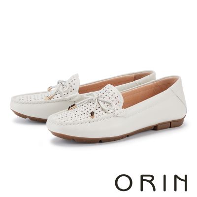 ORIN 真皮簍空氣質蝴蝶結樂福平底鞋 米色