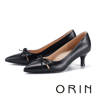 ORIN 羊皮蝴蝶結簍空設計尖頭中跟鞋 黑色