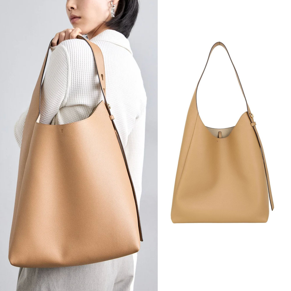 TORY BURCH Romy Hobo 鈕扣金屬標誌鵝卵石紋牛皮手提 肩背流浪包(棕色)