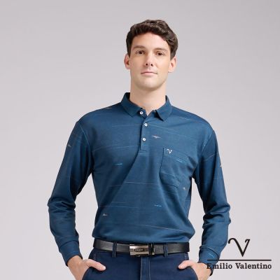 Emilio Valentino 範倫鐵諾 男長袖POLO衫 保暖蓄熱 口袋 藍(15-5V9995)