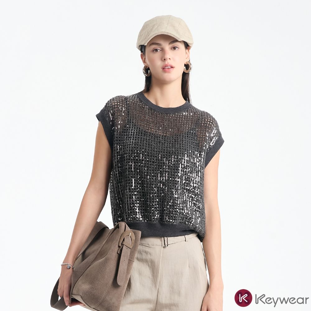 KeyWear奇威名品      亮片透紋無袖針織上衣-灰色