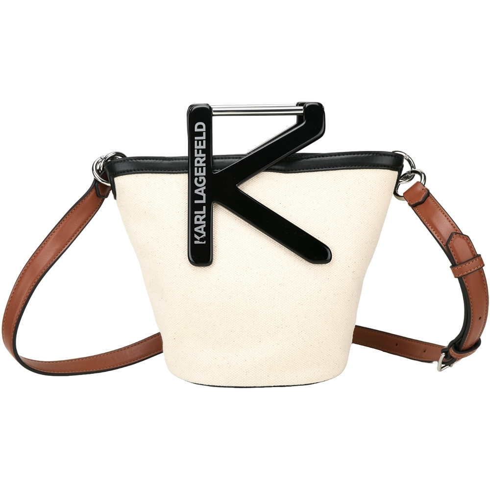 KARL LAGERFELD K/KARL 字母手柄拼棉帆布斜背水桶包(米色)