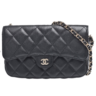 CHANEL香奈兒 經典金屬雙C LOGO菱格粒紋牛皮雙層斜背包(黑)