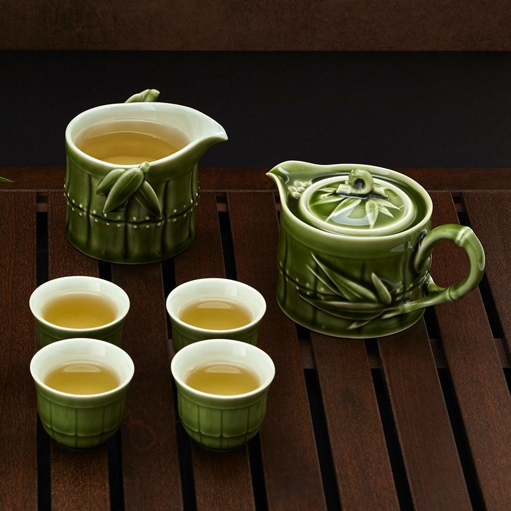 乾唐軒活瓷-竹節茶具組/ 綠釉/ 一壺+六杯+茶海| 杯子| Yahoo購物中心