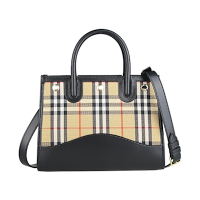 BURBERRY博柏利全新推出內裡燙金LOGO都市格紋設計帆布拼小牛皮釦帶式手提斜揹包，黑色與卡其色系選擇，結合經典格紋與高質感小牛皮，展現優雅與時尚風格。兩用設計，可手提或背負，配備原廠防塵袋，適合日常出勤與休閒場合，輕便實用，為女性時尚配備增添魅力。