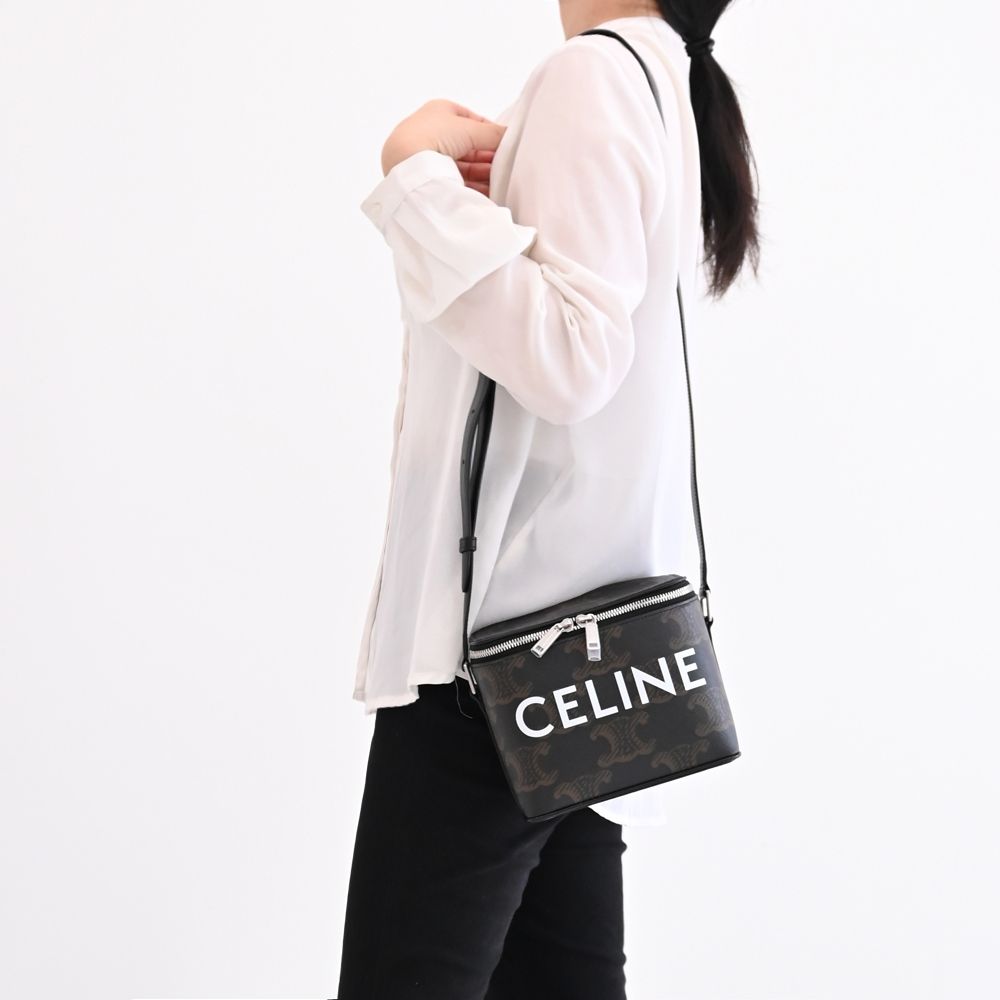 CELINE TRIOMPHE 經典LOGO滿版印花拼接牛皮斜背/盒子包(深咖)