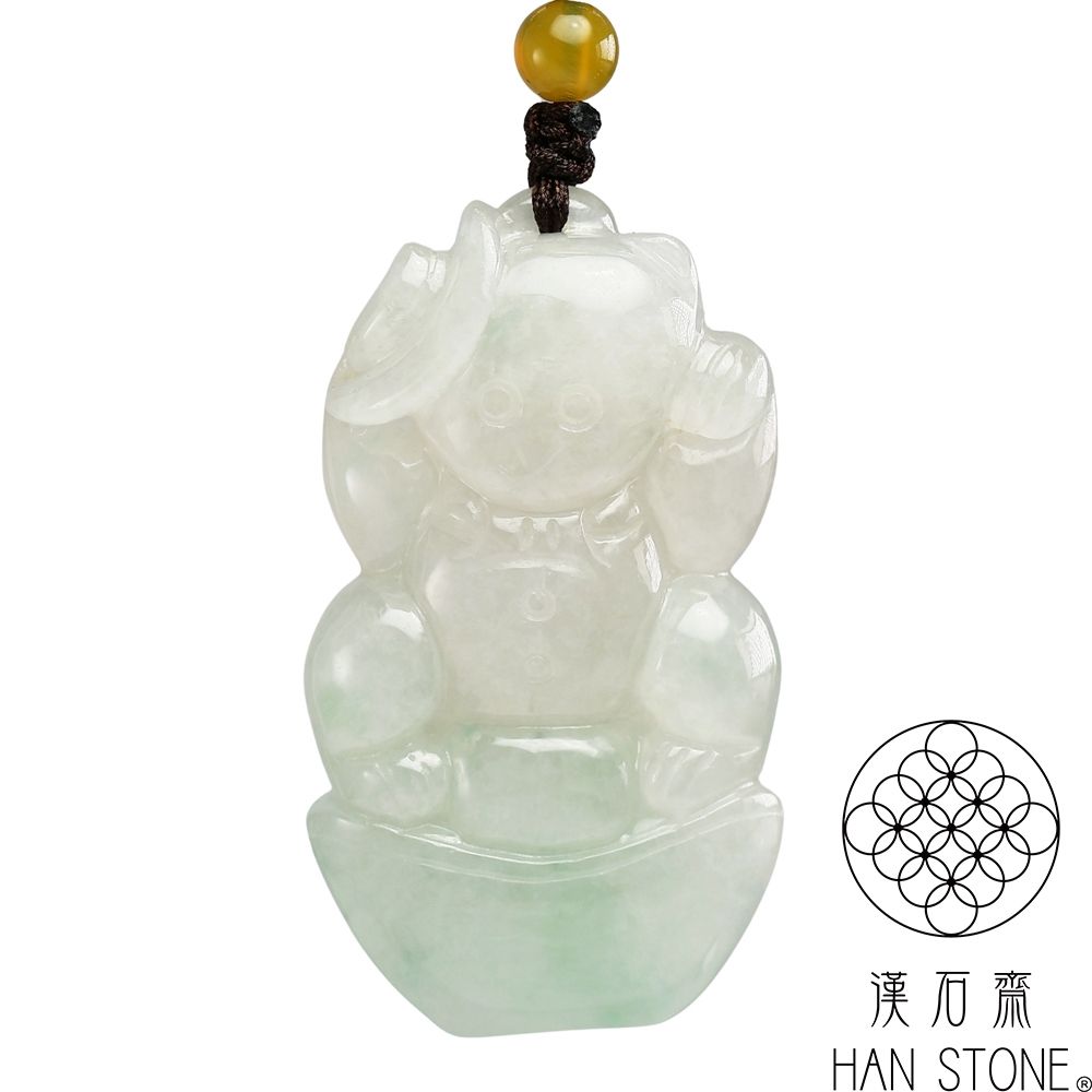 漢石齋】天然翡翠A貨招財貓玉佩吊墜冰糯種飄花(28*50*12mm) | 漢石齋 