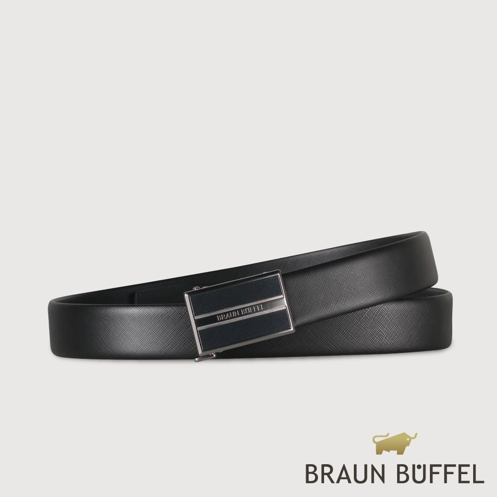 【BRAUN BUFFEL 德國小金牛】台灣總代理 時尚紳士 十字壓紋自動扣皮帶-鎗色/BF25S-WEG212-SGU