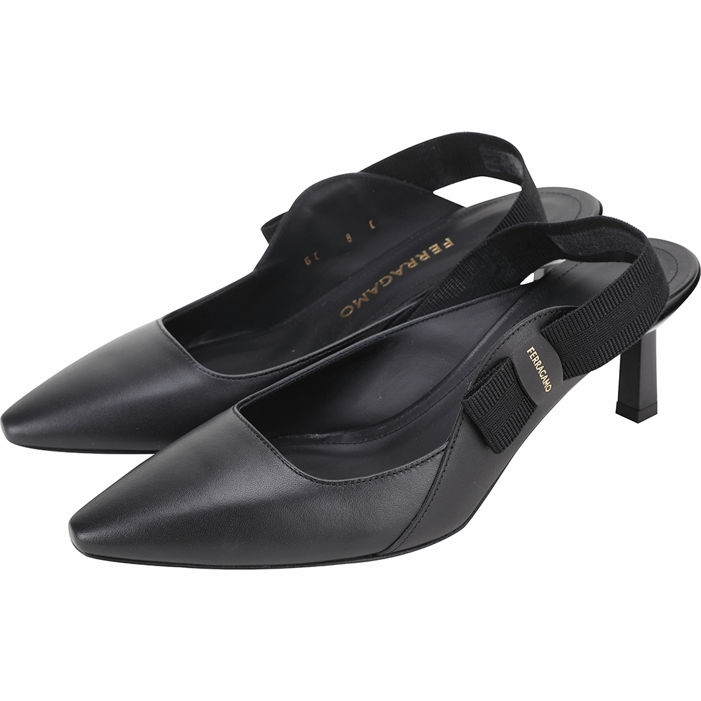Salvatore Ferragamo Vania 彈性踝帶羊皮拼接牛皮尖頭高跟鞋(黑色)