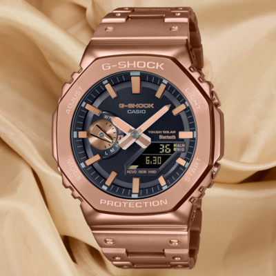 CASIO 卡西歐 G-SHOCK GM-B2100GD-5A 全金屬八角太陽能雙顯腕錶 玫瑰金 44.4mm
