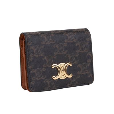 CELINE  Triomphe 凱旋門帆布LOGO金扣短夾(棕色)