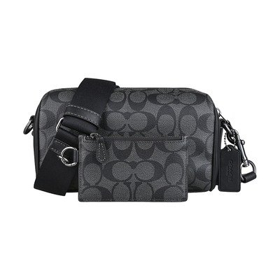 COACH Axel C字LOGO滿版印花PVC拼牛皮二合一男士拉鍊斜揹包(炭黑)