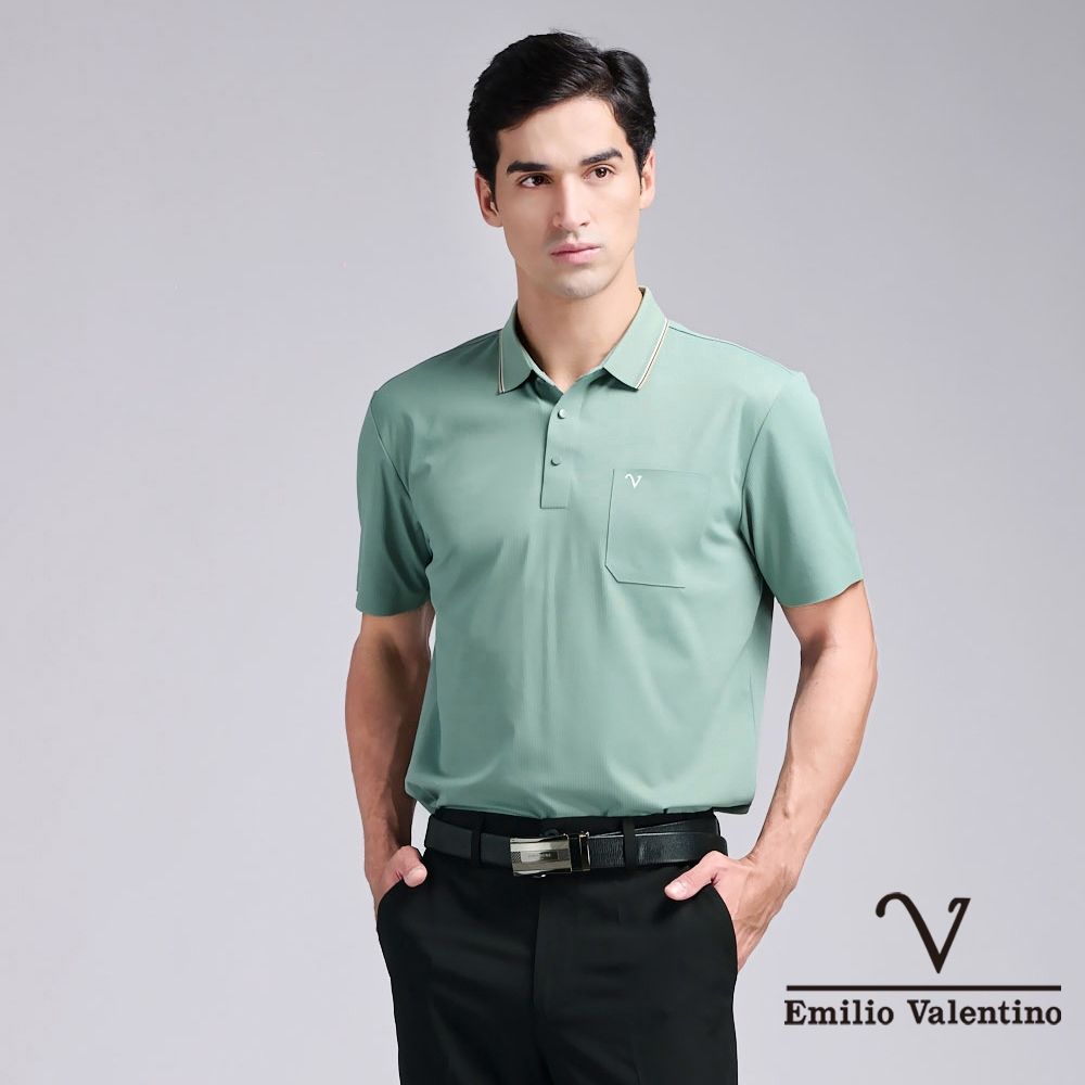 Emilio Valentino 范倫鐵諾 男裝 短袖POLO衫 吸濕排汗 機能 彈力抗皺 口袋 男上衣 _綠色(15-6V0923)
