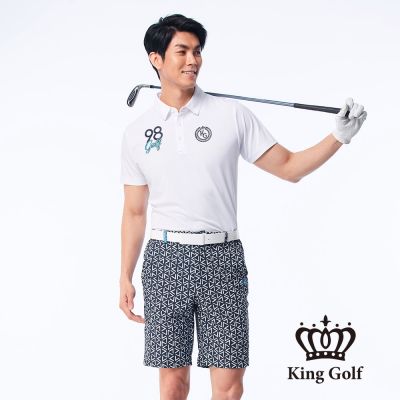 【KING GOLF】網路獨賣款-男款美式印花數字刺繡涼感素面短袖POLO衫-白色