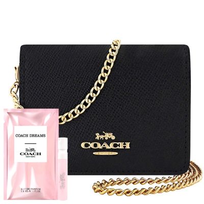 COACH 黑色防刮皮革鍊帶小廢包/迷你斜背包+品牌經典隨身小香水