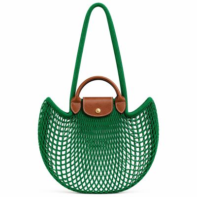 LONGCHAMP LE PLIAGE FILET系列網狀棉質手提/肩背兩用包(大/草綠)