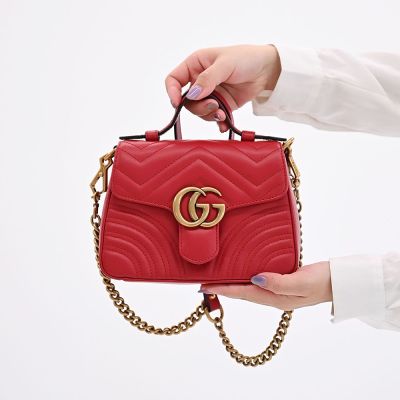 GUCCI 古馳  GG Marmont 金屬LOGO復古手提斜背兩用包(紅)