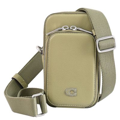 COACH 經典LOGO荔枝紋皮革小斜背包/手機包(青苔綠)