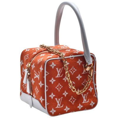 LOUIS VUITTON路易威登 LV M46212經典Monogram提花絨布飾小牛皮方形手提袋(橘色/白色)