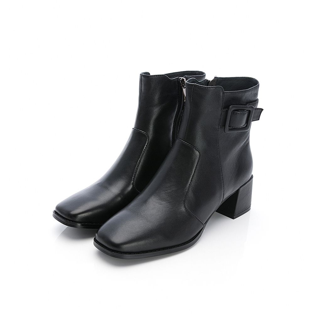 viina時尚純色羊皮粗跟短靴 - 黑 (viina)