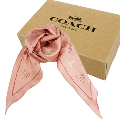 COACH 經典LOGO花卉100%蠶絲三角絲巾領巾禮盒(花卉/粉)