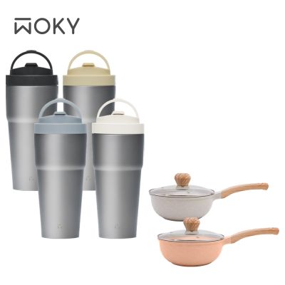 【WOKY沃廚】Ti 純鈦渾圓杯770ml-AllDay隨行款 (抗熱款)+陶瓷不沾鍋22cm炒鍋含蓋