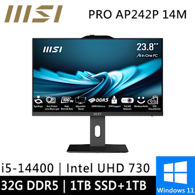 MSI微星 微星 PRO AP242P 14M-619TW-SP5 24型 黑(i5-14400/32G/1TB+1TB/W11)特仕版