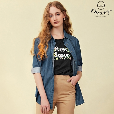 OUWEY歐薇 字母印花造型假兩件純棉牛仔上衣(藍色；S-L)3223168122