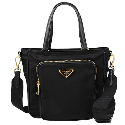 PRADA 金屬LOGO經典尼龍寬背帶手提斜背兩用小托特包(黑)