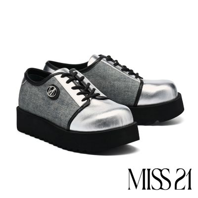 厚底鞋 MISS 21 甜酷傲嬌LOGO牛仔紋拼接金屬羊皮綁帶大頭厚底鞋-藍