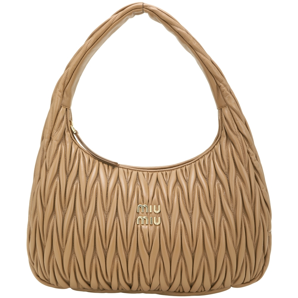 miu miu Wander Matelasse 大款 皺褶納帕皮革肩背半月包(35CM/駝色)
