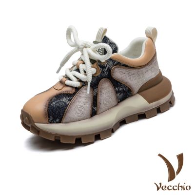 VECCHIO 真皮休閒鞋 老爹鞋 厚底鞋/真皮頭層牛皮織花布面拼接小圓頭厚底老爹鞋 卡其