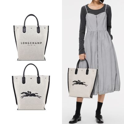 LONGCHAMP ROSEAU系列帆布LOGO字母托特包(中/亞麻)