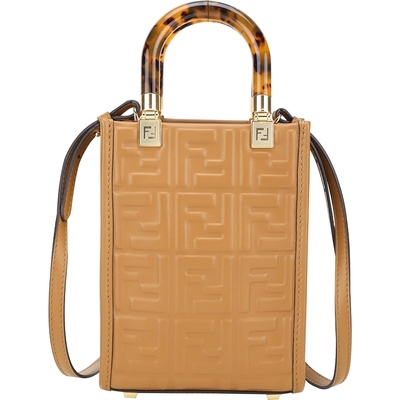 FENDI 芬迪 Sunshine 迷你型 3D浮雕小牛皮玳瑁提柄兩用托特包(棕色)