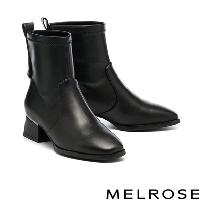短靴 MELROSE 美樂斯 時尚品味夾釦寬帶彈力皮革方頭高跟靴-黑