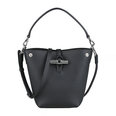 LONGCHAMP Le Roseau內皮革壓印LOGO荔枝紋牛皮扣式手提/斜背包(迷你/黑)