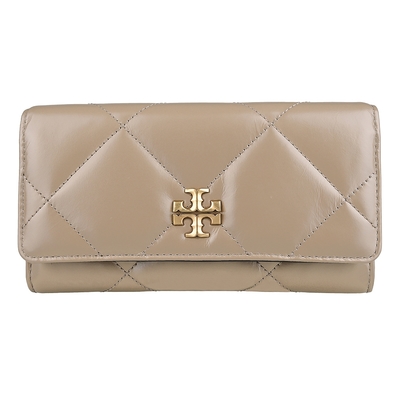 TORY BURCH Kira雙T LOGO菱格絎縫皮革翻蓋磁吸扣式長夾(灰褐)