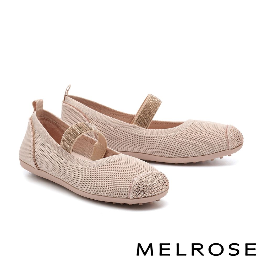平底鞋 MELROSE 美樂斯 率性優雅燙鑽鬆緊帶拼接飛織布瑪莉珍平底鞋－粉