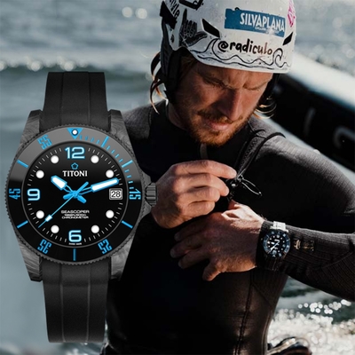 TITONI 梅花錶 Seascoper CarbonTech 海洋探索 天文臺認證 600米鍛造碳潛水機械錶 新年開運 送禮推薦-渦輪藍 83600 C-BL-256
