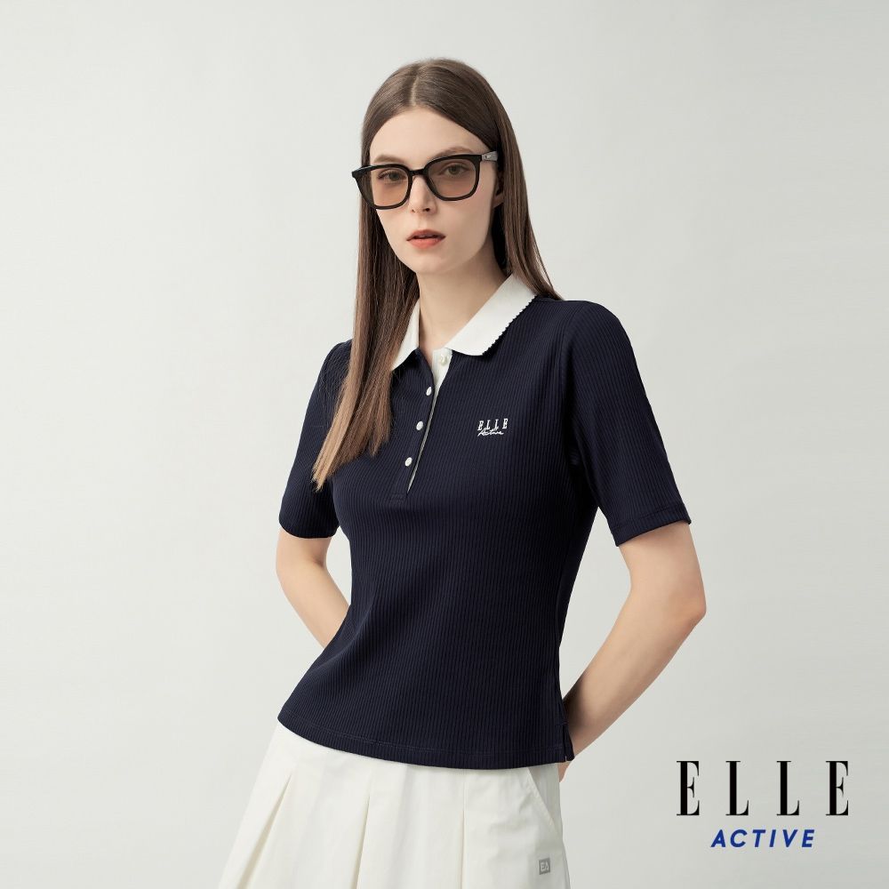 ELLE ACTIVE 女款 翻領排釦撞色短袖POLO衫-深藍色(EA26S1W1107#39)
