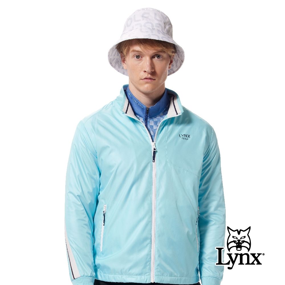 【Lynx Golf】男款保暖刷毛防風防潑水羅紋提織剪接造型拉鍊口袋長袖外套(三色) (水藍色)