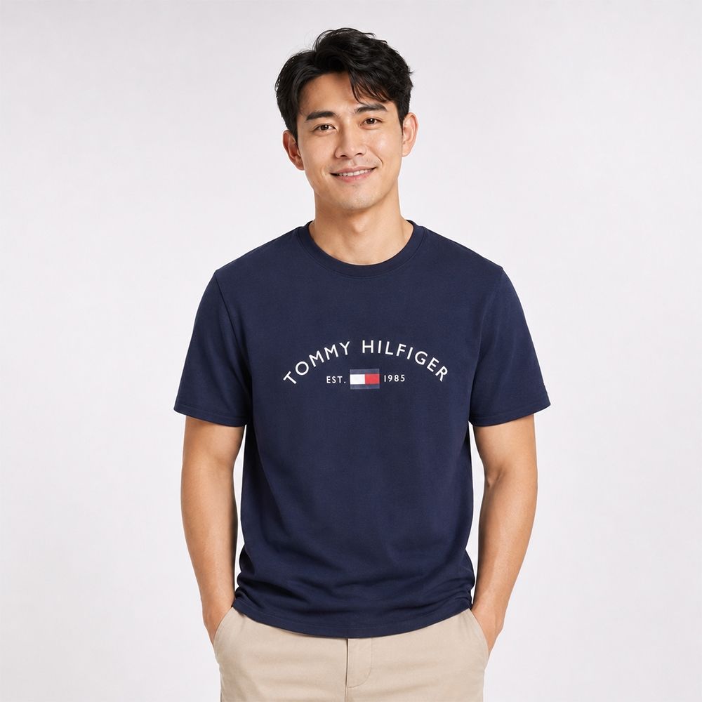 TOMMY 熱銷印刷文字Logo圖案短袖T恤-深藍色